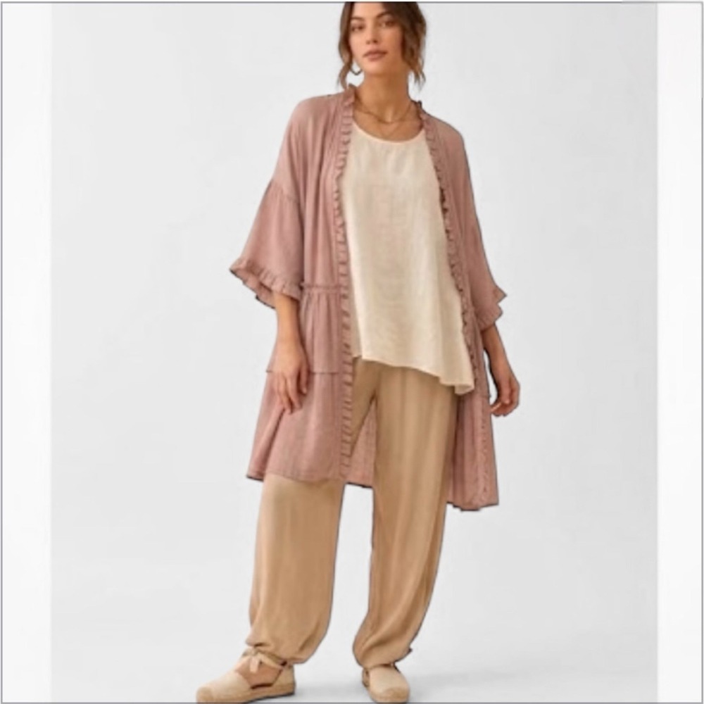Easel Mauve Ruffle Duster Cardigan Large Boho Lagenlook Cottagecore Kimono Rayon
